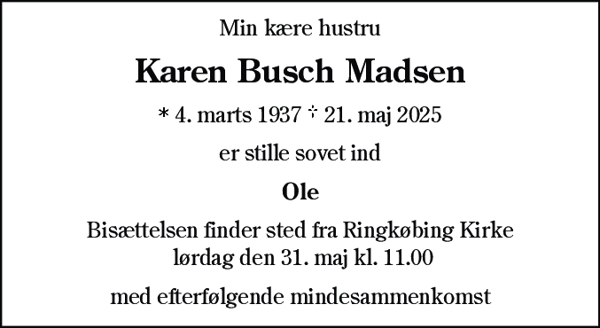 Dødsannonce for Karen Busch Madsen