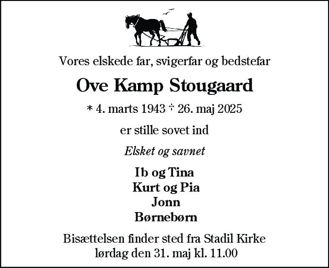 Dødsannonce for Ove Kamp Stougaard