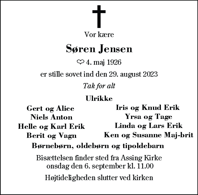 Dødsannonce for Søren Jensen