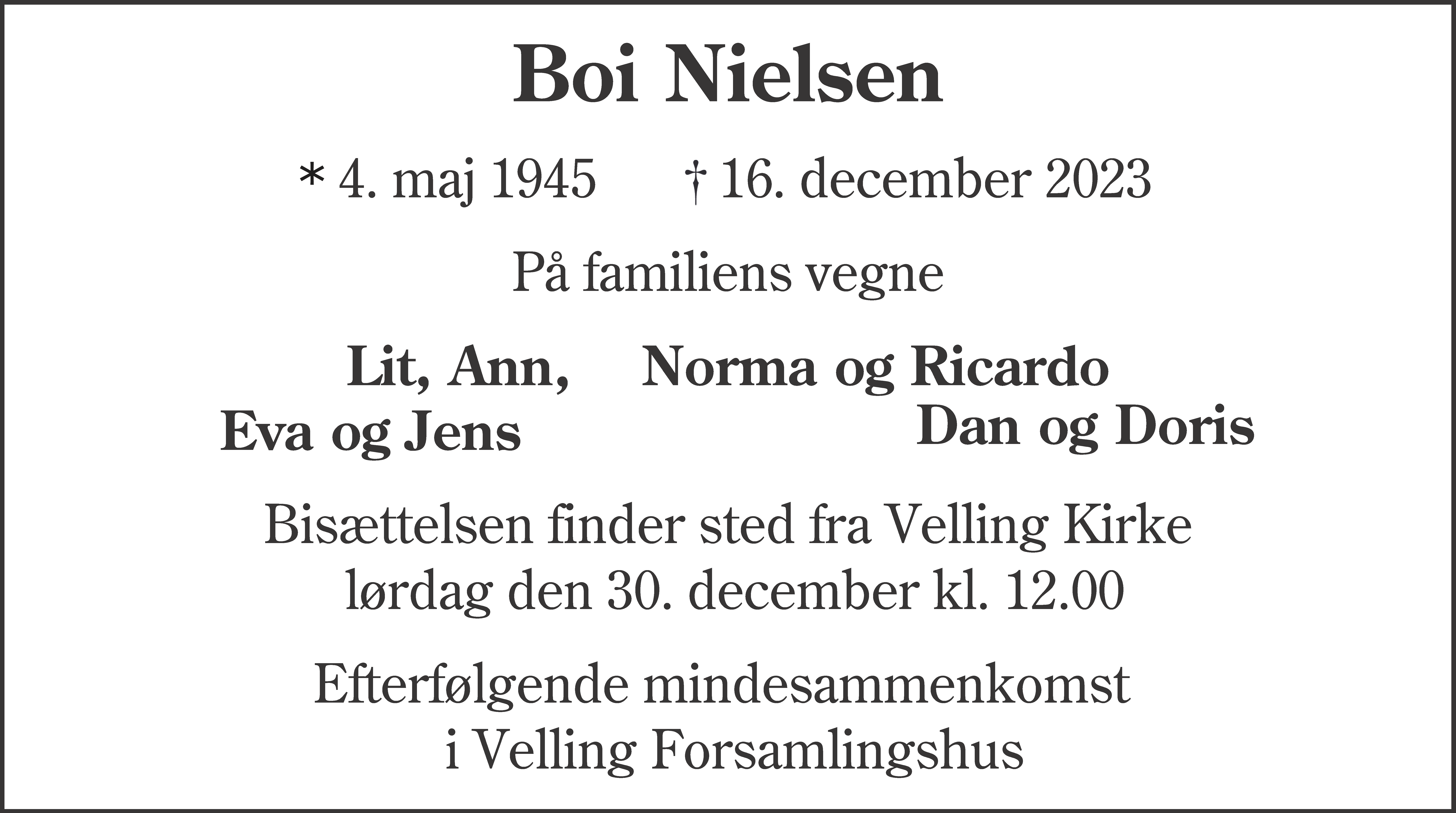 Dødsannonce for Boi Nielsen