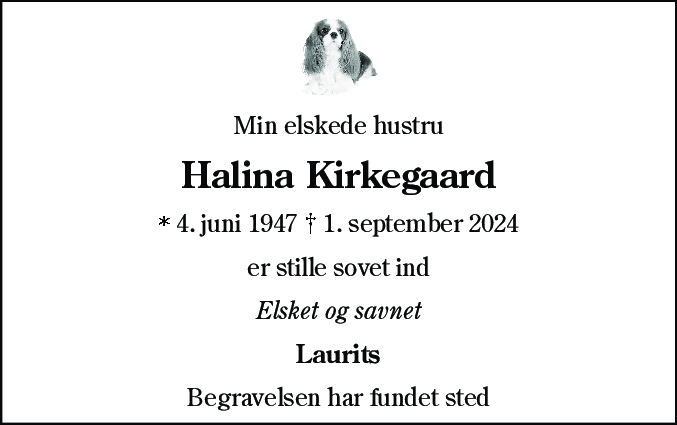 Dødsannonce for Halina Kirkegaard