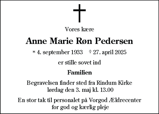 Dødsannonce for Anne Marie Røn Pedersen