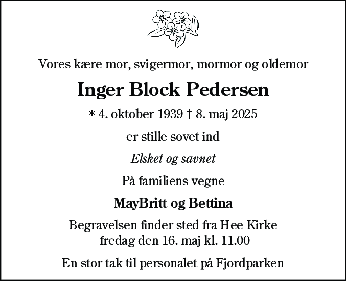 Dødsannonce for Inger Block Pedersen