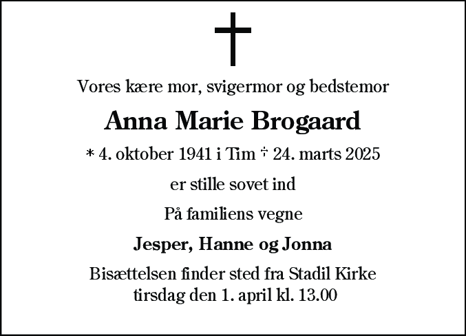 Dødsannonce for Anna Marie Brogaard