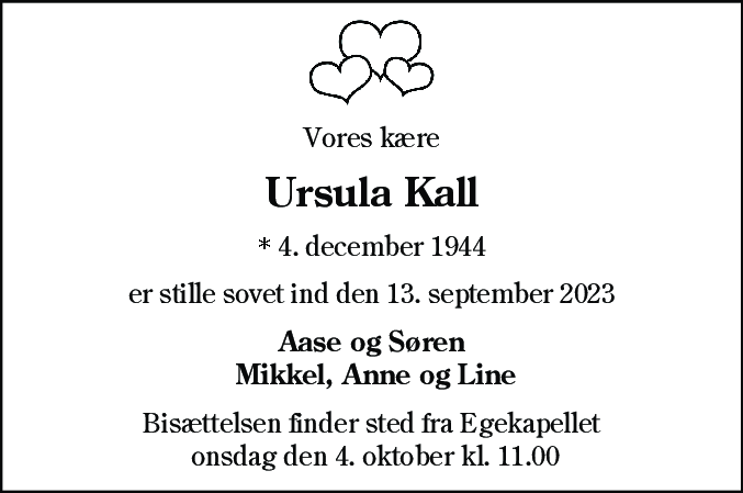 Dødsannonce for Ursula Kall