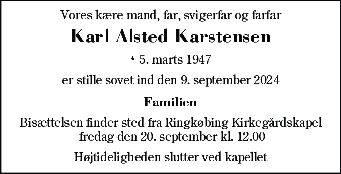 Dødsannonce for Karl Alsted Karstensen
