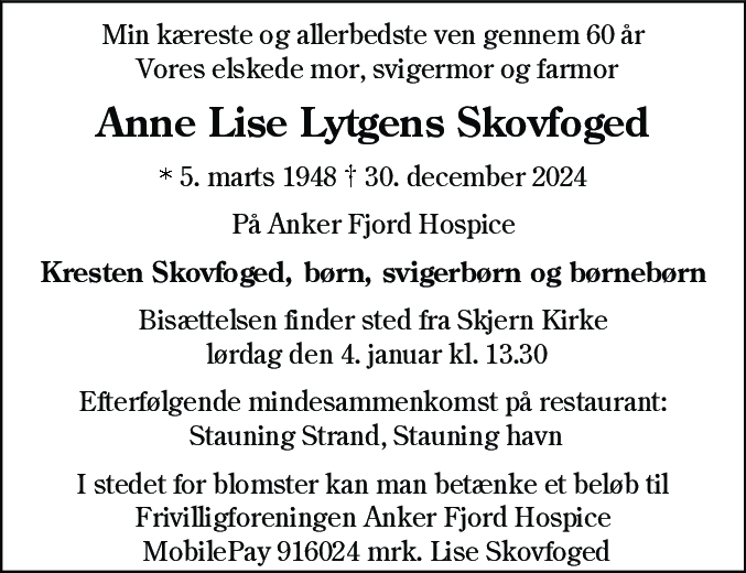 Dødsannonce for Anne Lise Lytgens Skovfoged