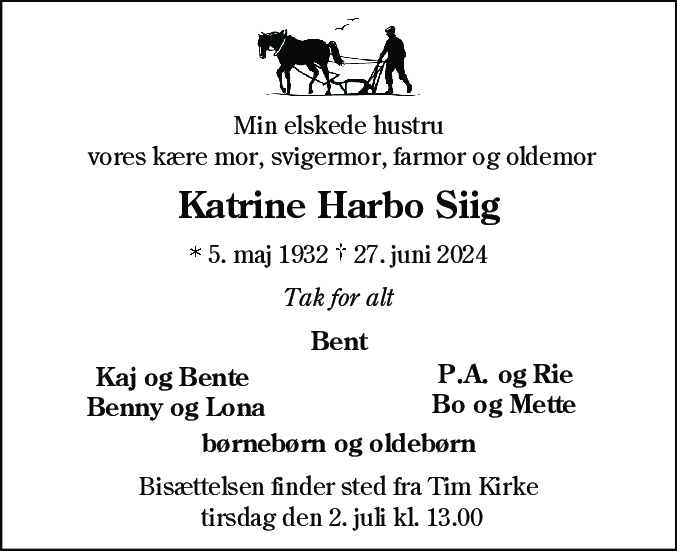 Dødsannonce for Katrine Harbo Siig
