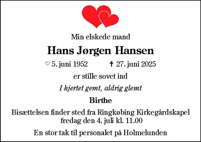 Dødsannonce for Hans Jørgen Hansen