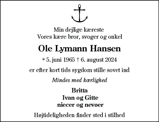 Dødsannonce for Ole Lymann Hansen