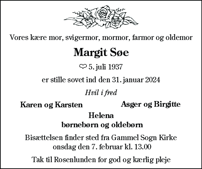 Dødsannonce for Margit Søe