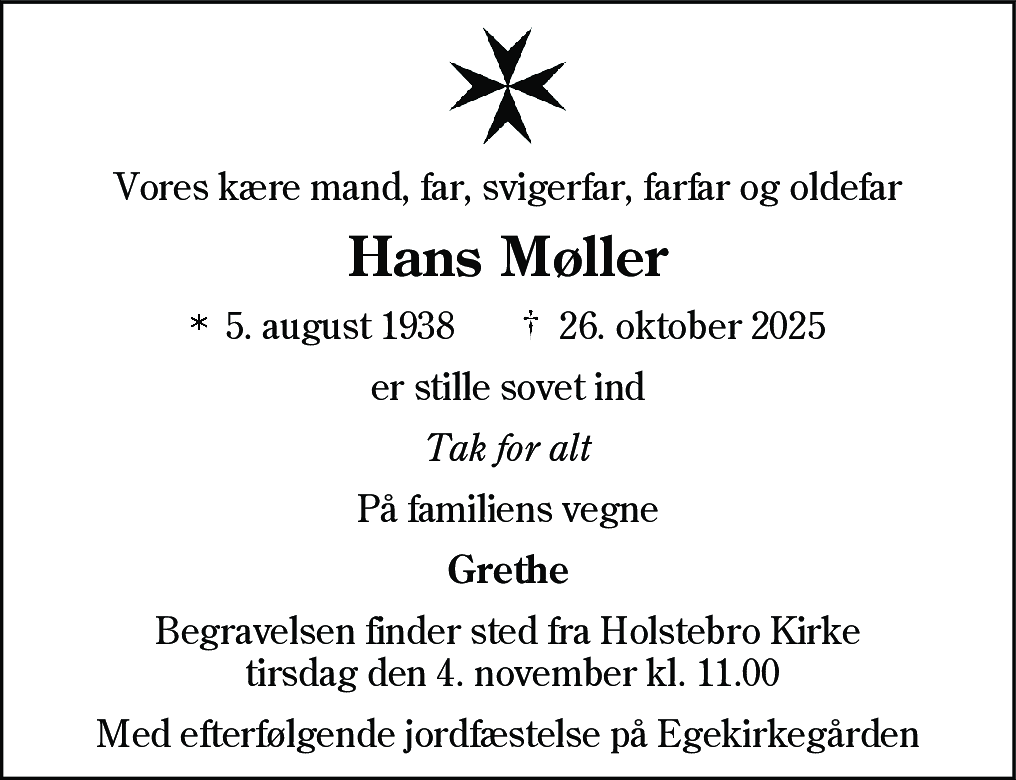 Dødsannonce for Hans Møller
