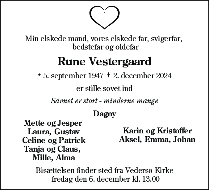 Dødsannonce for Rune Vestergaard