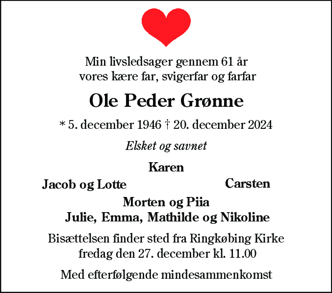 Dødsannonce for Ole Peder Grønne