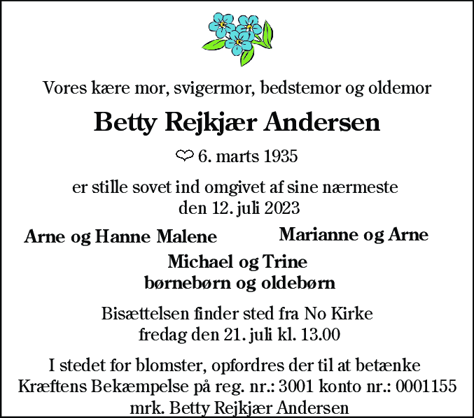 Dødsannonce for Betty Rejkjær Andersen