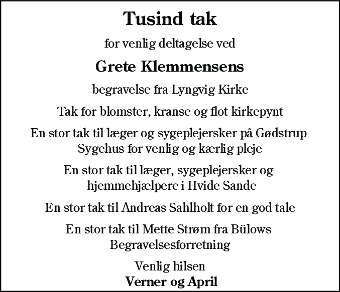 Dødsannonce for Grete Klemmensen