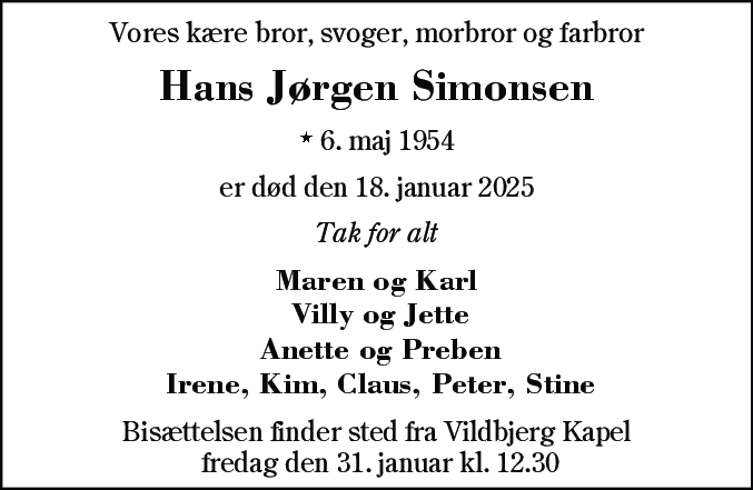 Dødsannonce for Hans Jørgen Simonsen