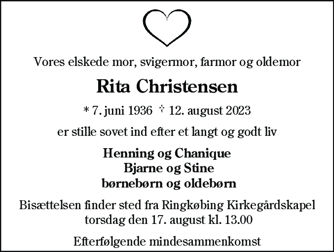 Dødsannonce for Rita Christensen