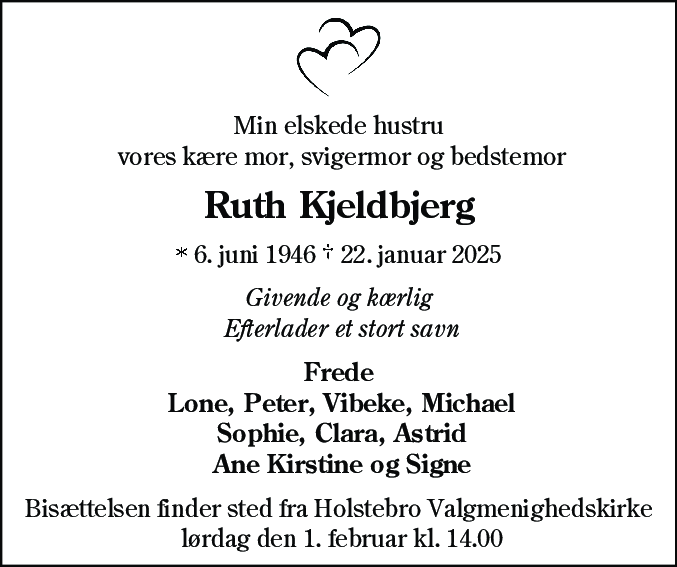 Dødsannonce for Ruth Kjeldbjerg