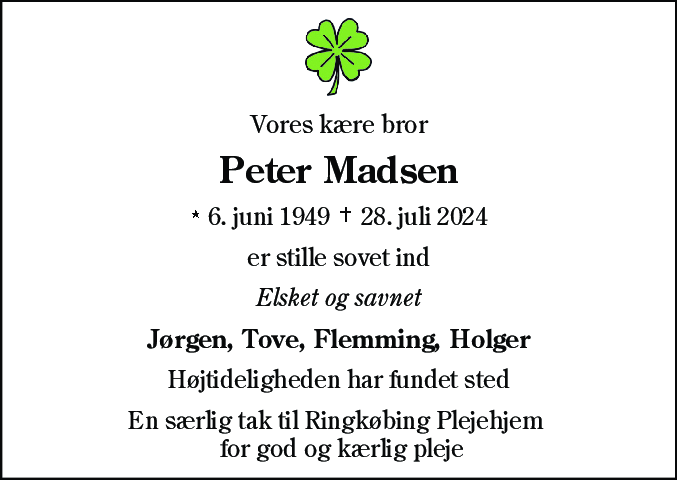 Dødsannonce for Peter Madsen