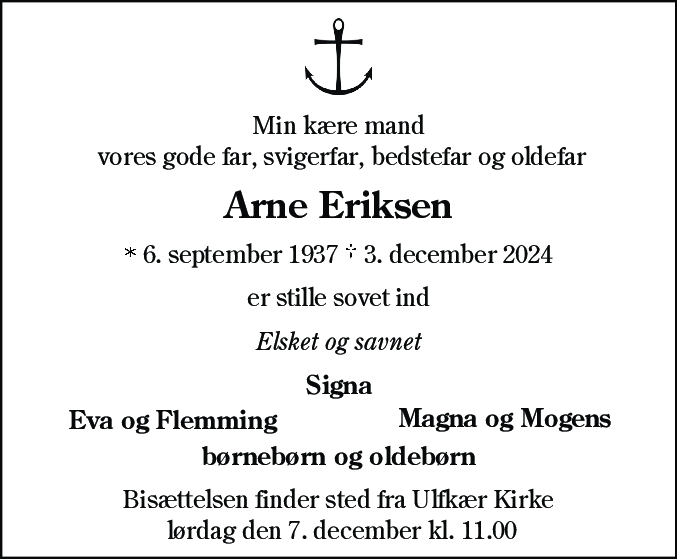 Dødsannonce for Arne Eriksen