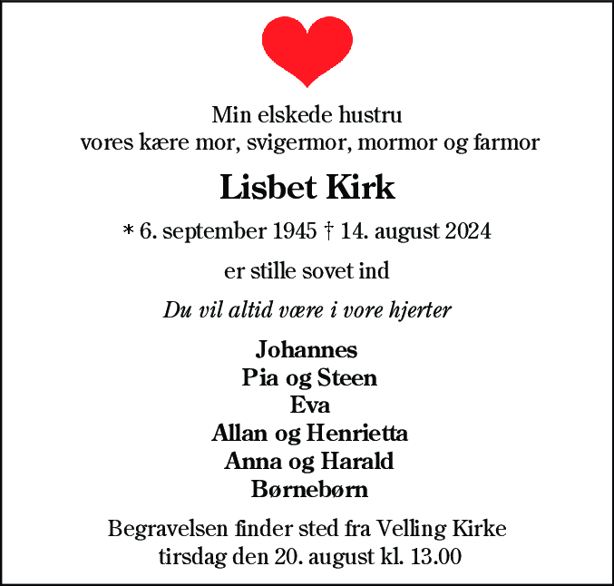 Dødsannonce for Lisbet Kirk