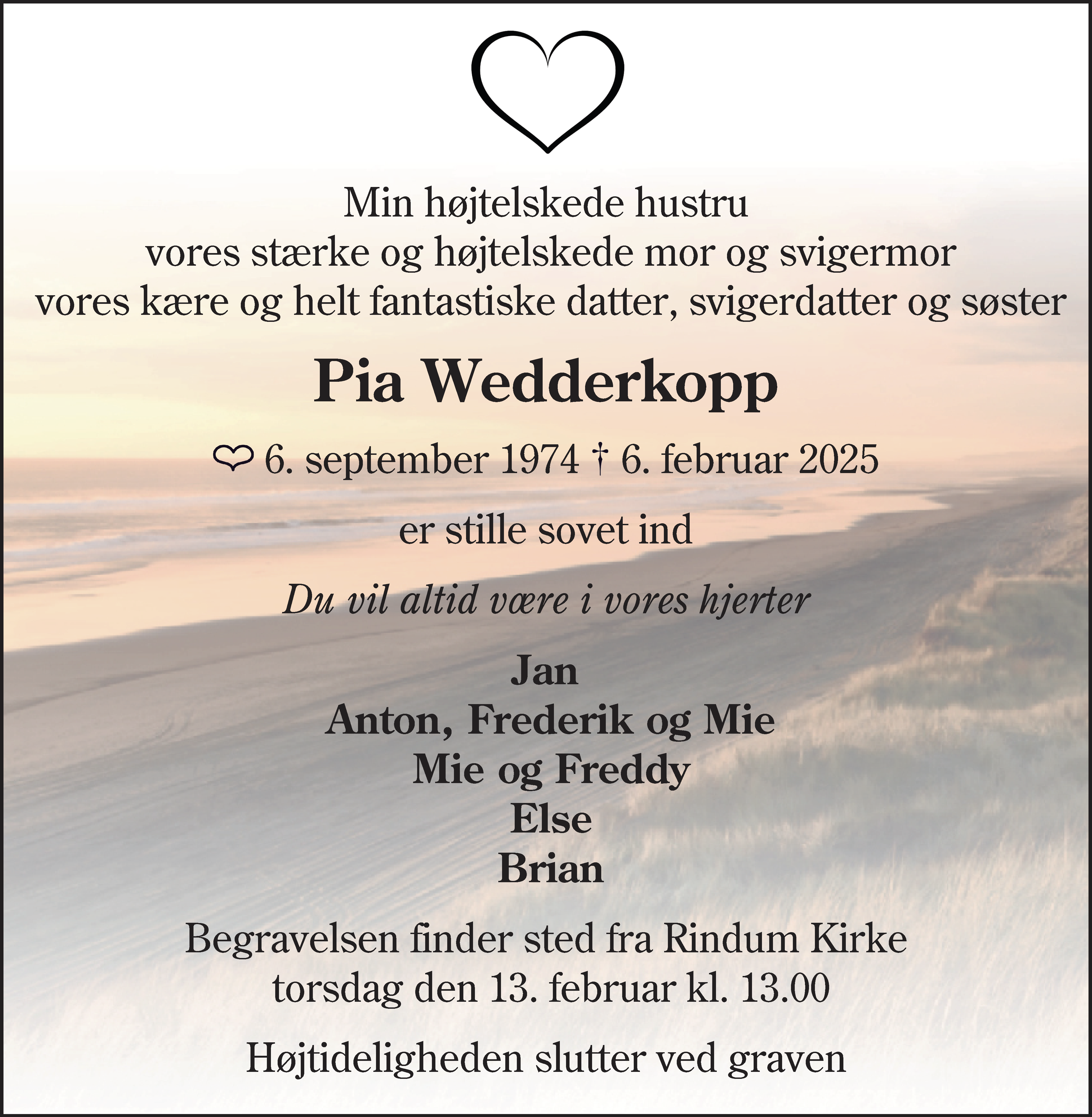 Dødsannonce for Pia Wedderkopp