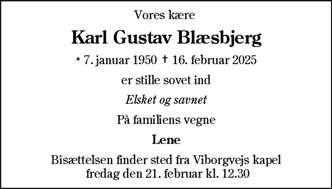 Dødsannonce for Karl Gustav Blæsbjerg