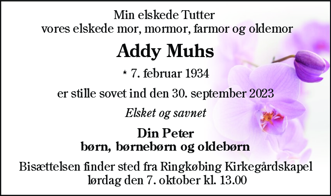 Dødsannonce for Addy Muhs