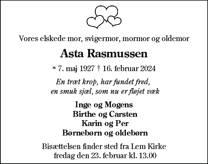 Dødsannonce for Asta Rasmussen