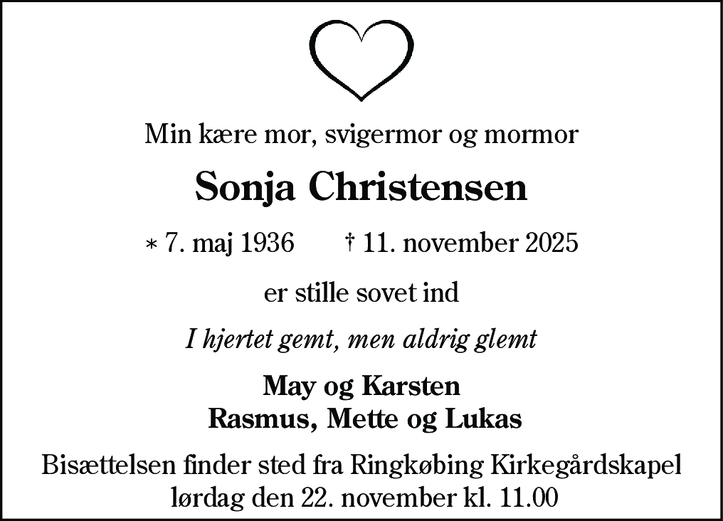 Dødsannonce for Sonja Christensen