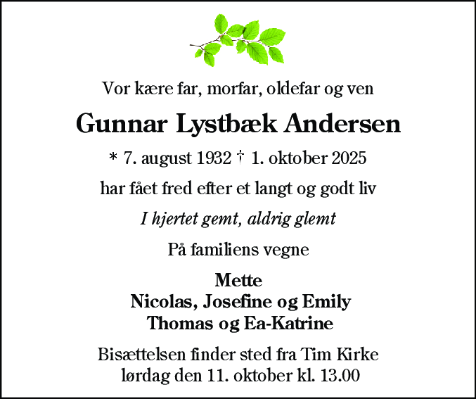 Dødsannonce for Gunnar Lystbæk Andersen