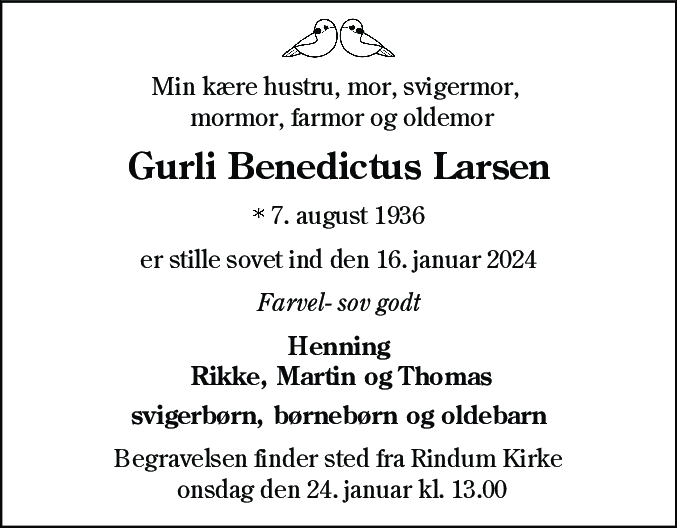 Dødsannonce for Gurli Benedictus Larsen