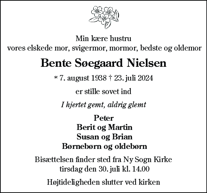 Dødsannonce for Bente Søegaard Nielsen