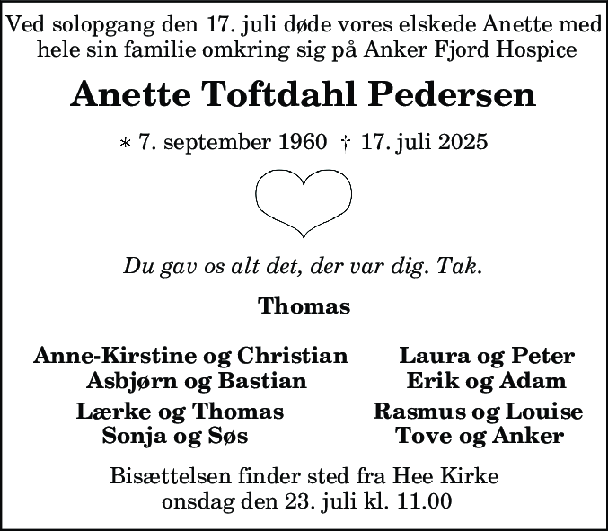Dødsannonce for Anette Toftdahl Pedersen