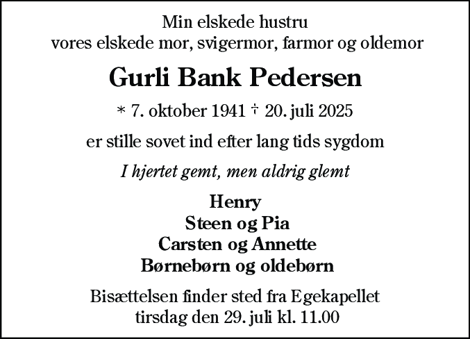 Dødsannonce for Gurli Bank Pedersen