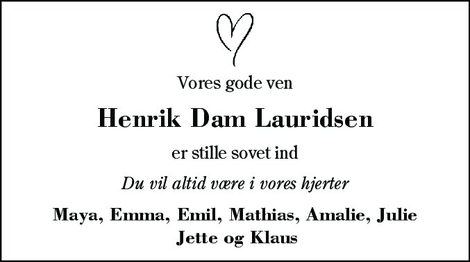 Dødsannonce for Henrik Dam Lauridsen
