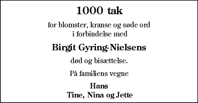 Dødsannonce for Birgit Gyring-Nielsen