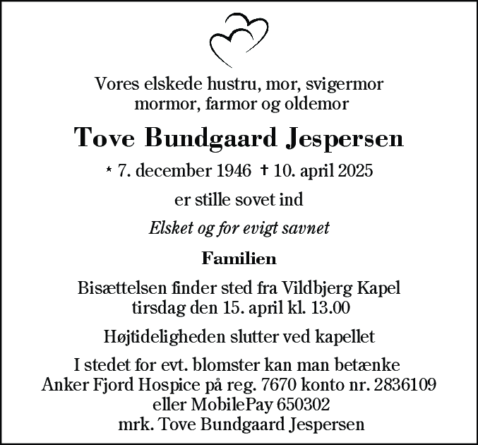 Dødsannonce for Tove Bundgaard Jespersen