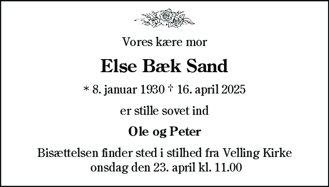 Dødsannonce for Else Bæk Sand
