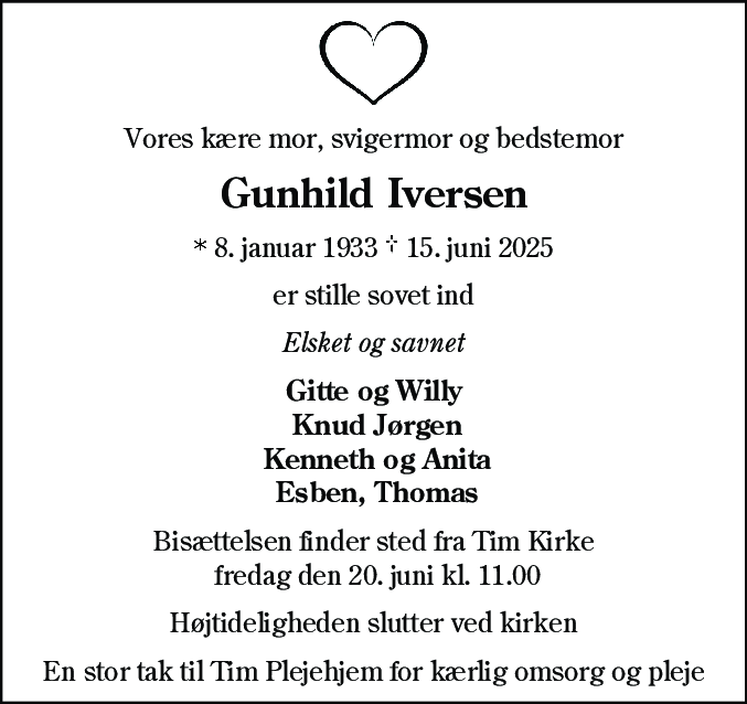 Dødsannonce for Gunhild Iversen