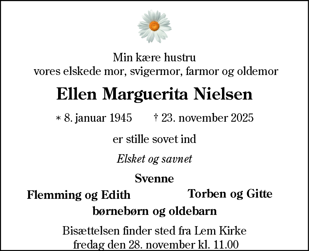 Dødsannonce for Ellen Marguerita Nielsen