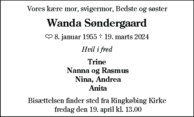 Dødsannonce for Wanda Søndergaard