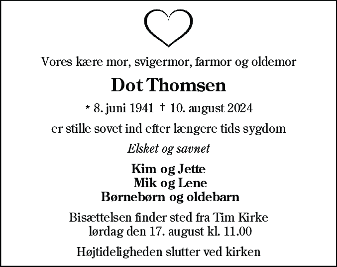 Dødsannonce for Dot Thomsen