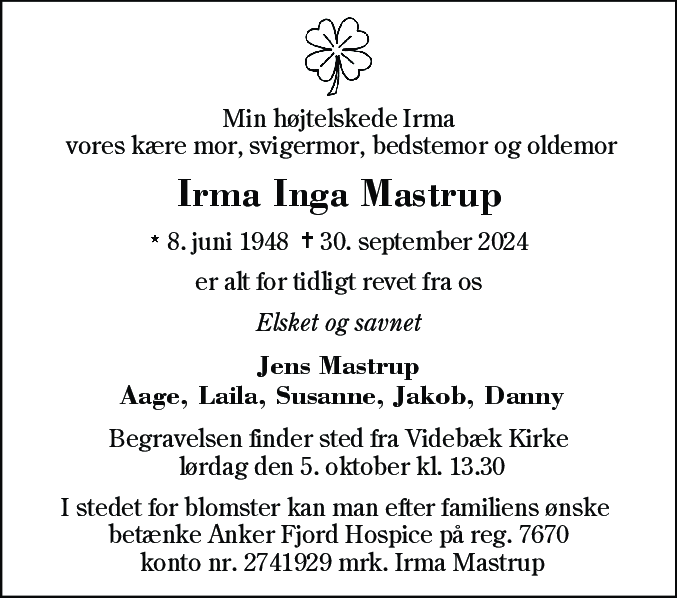 Dødsannonce for Irma Inga Mastrup