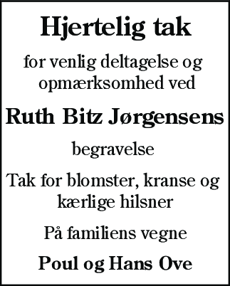 Dødsannonce for Ruth Bitz Jørgensen