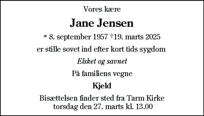 Dødsannonce for Jane Jensen