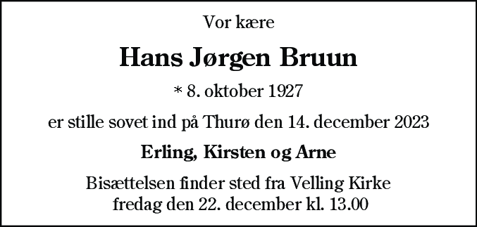 Dødsannonce for Hans Jørgen Bruun