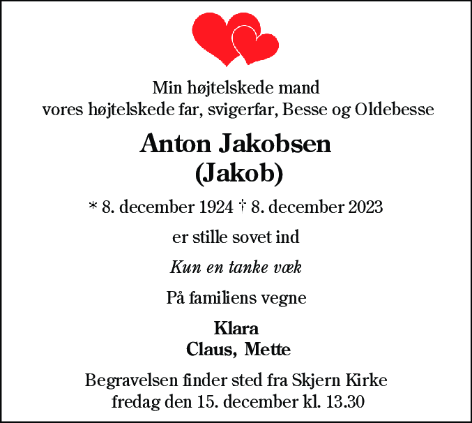 Dødsannonce for Anton Jakobsen