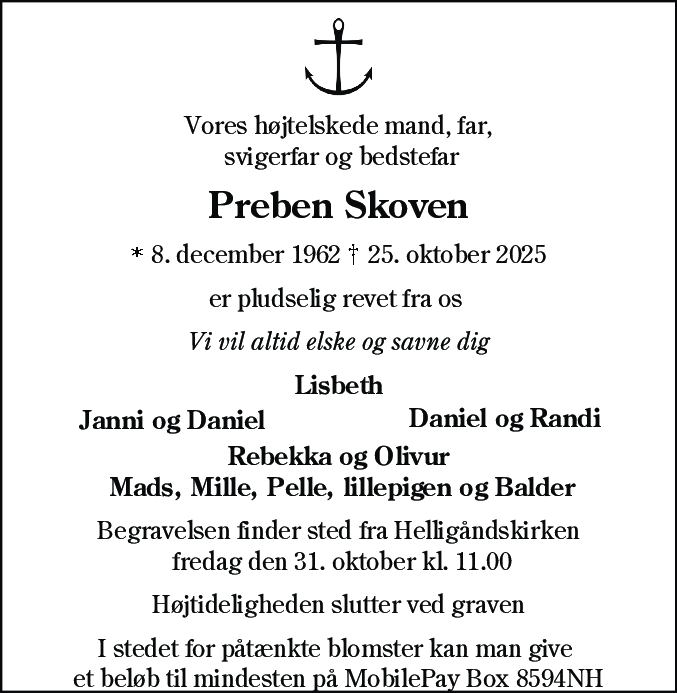Dødsannonce for Preben Skoven